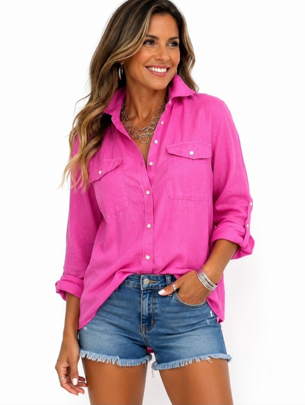 Lauren Ralph Lauren 100% Linen Button Front Shirt XL Pink Roll Tab Long Sleeve